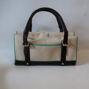 NWD Womens Oscar de la Renta Cream Brown Green Canvas Leather Satchel Handbag​